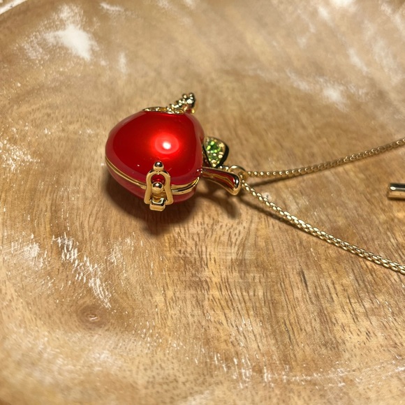 Betsey Johnson Gold Tone Back To School Red Apple Worm Locket Pendant Necklace - Picture 9 of 16